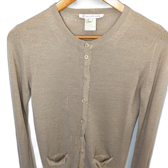 Paul & Joe Sister	| Anthropologie Beige Tan Cardigan with Silk Trim | Size Small - Picture 5 of 10